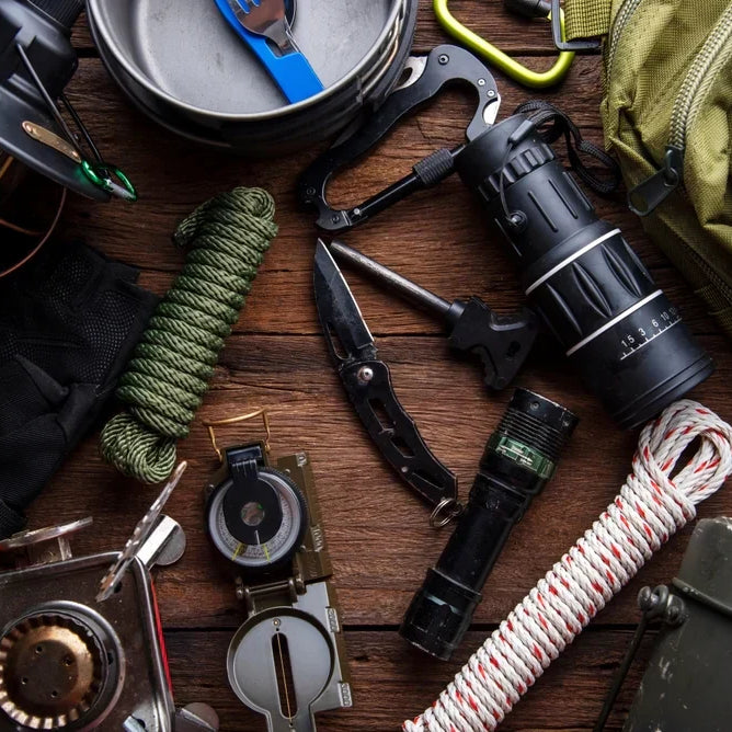 A layout of tactical gear to be stored in an outdoor bag